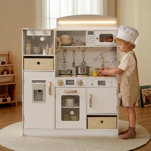 Miniatura 10 de INFANS Cocina de Juguete para Niños, Conjunto de Juego de Refrigerador Nevera de 2 Piezas Combinación con Tabla de Pared del Alfabeto Interactivo
