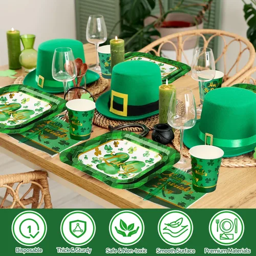 Miniatura 3 de Juego de vajilla de 200 piezas para fiesta del Día de San Patricio, juego de vajilla de trébol verde para 25 invitados, a cuadros, trébol