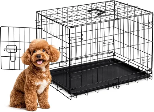 Miniatura 9 de Sweetcrispy Jaula para perros de 48 pulgadas, jaulas medianas y grandes de doble puerta plegable de alambre de metal con bandeja de plástico a