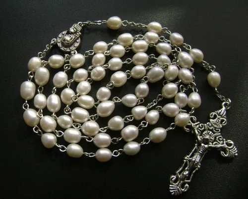 Miniatura 5 de elegantmedical Hecho a mano AAA 8-9MM perla natural perlas rosas rosario crucifijo Jesús cruz católica collar caja, Metal