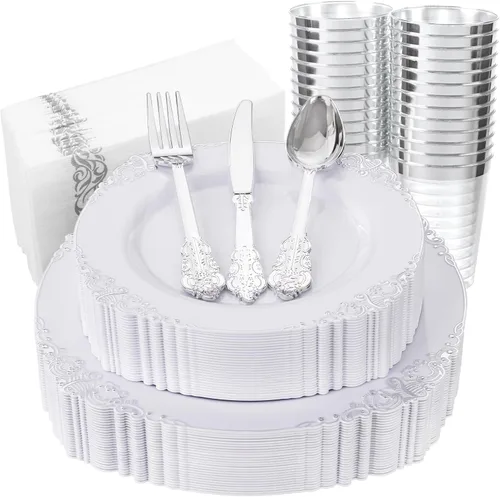 Miniatura 17 de Nervure 175 piezas de vajilla de plástico azul - Juego de vajilla de plástico azul dorado desechable incluye 50 platos para cena y postre, 25 Azul