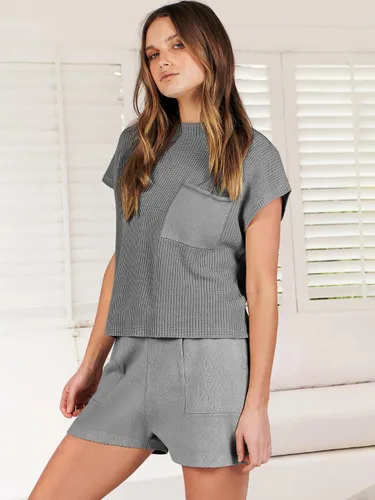 Miniatura 8 de ANRABESS Conjunto de dos piezas para mujer, suéter corto, suéter y pantalones cortos, conjunto de ropa de descanso