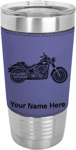 Miniatura 20 de LaserGram Vaso aislado al vacío de 20 onzas, motocicleta, grabado personalizado incluido (cuero sintético, rústico)