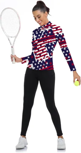 Miniatura 18 de WOWENY Camiseta deportiva de manga larga para mujer, con cremallera de un cuarto, cuello para entrenamiento, camiseta de tenis con estampado