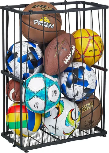 Miniatura 12 de Hencawima Gran almacenamiento de pelotas de garaje, organizador de equipos deportivos de piso rodante: estante de bolas independiente con cuerda