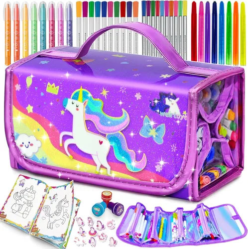 56 PIEZAS Juego de Marcadores Lavables con Aroma y Purpurina Estuche de Lápices, Artes y Manualidades de Sirenas y Unicornios para niños de 4-6-8