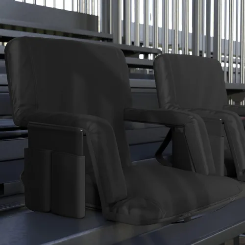 EMMA + OLIVER Silla plegable para estadio con reposabrazos, juego de 2, respaldo y asiento acolchados negros, 6 posiciones reclinables, correas para