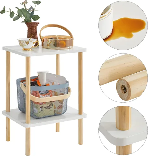 Miniatura 7 de IBUYKE Mesa auxiliar de 2 niveles, mesa auxiliar alta de madera maciza con estantes de almacenamiento, mesita de noche para sala de estar, Blanco