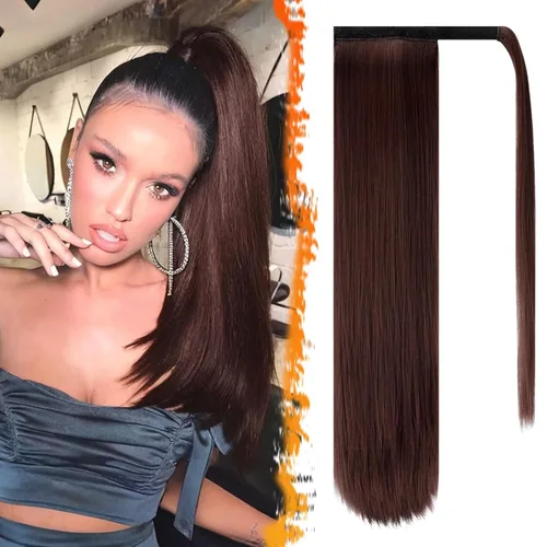 Miniatura 21 de BARSDAR Extensión de cola de caballo de 28 pulgadas largo recto envoltura alrededor del clip en pelo de fibra sintética para mujeres, negro