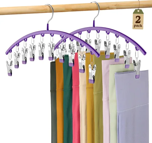 Organizador de leggings para armario, colgador de metal para pantalones de yoga con revestimiento de goma, paquete de 2 con 10 clips para 20 Morado