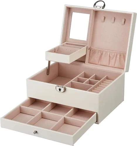 goldwheat Joyero organizador de cuero de dos capas con espejo de cerradura para mujeres y niñas, estuche de viaje, almacenamiento de exhibición,