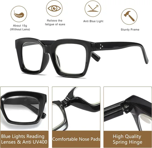 Miniatura 3 de Lentes de lectura cuadrados de estilo moderno con bisagra de resorte, bloqueo de luz azul para hombres y mujeres