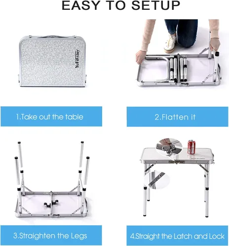 Miniatura 5 de Mesa de campamento plegable pequeña, 24 pulgadas de largo x 16 pulgadas de ancho con patas de altura ajustable, mesa de comedor de aluminio ligera