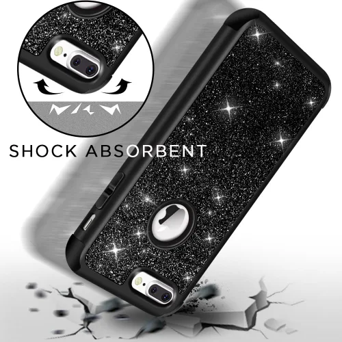 Miniatura 2 de Hython Defender con brillantina, carcasa rígida híbrida, a prueba de golpes, goma para iPhone 7 Plus y 8 Plus, Negro Oscuro