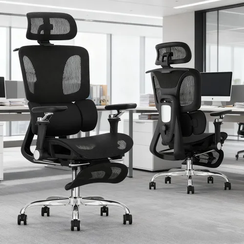 Miniatura 2 de Silla de oficina ergonómica con soporte lumbar dinámico de 3 zonas, silla de oficina de malla grande y alta con reposapiés, profundidad de asiento