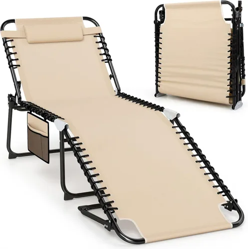 Giantex Silla de descanso para exteriores, silla de bronceado plegable con 4 posiciones ajustables, reposacabezas extraíble, reposapiés, bolsillo