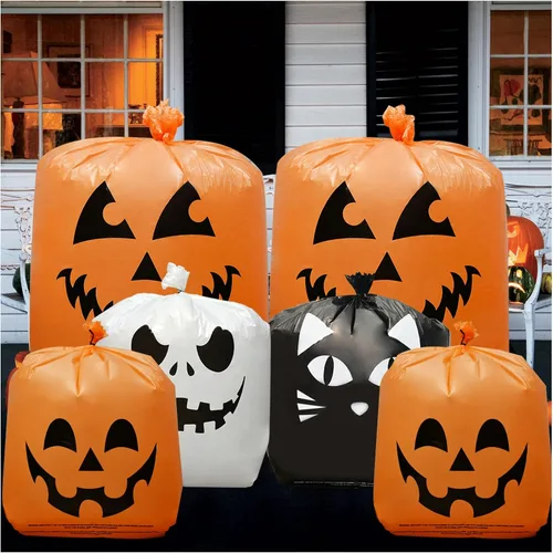 6 bolsas de calabaza de Halloween para césped, incluye 2 bolsas de 48 x 36 pulgadas de calabaza sonriente y 4 bolsas de basura de Halloween de 30 x
