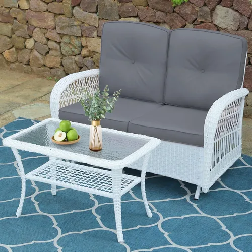 Miniatura 35 de VIVIJASON Silla mecedora de mimbre para exteriores, 2 piezas, sillas mecedoras de ratán para patio con cojines y marco de acero, muebles de mimbre