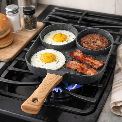 Miniatura 2 de Sartén antiadherente para huevos fritos de 3 secciones para estufa de gas, cocina de inducción, cocina de desayuno, color negro