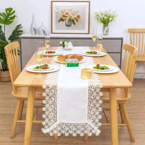 Miniatura 15 de Camino de mesa rectangular de granja de encaje beige premium, impermeable, a prueba de aceite, a prueba de derrames, antiencogimiento, suave