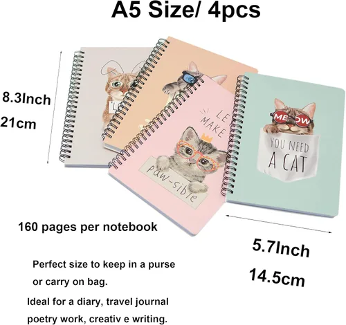 Miniatura 2 de Yansanido Cuaderno de espiral, 4 piezas A5 de tapa dura gruesa con diseño de gato, 0.315 in, 4 colores, 80 hojas, 160 páginas para estudio y notas