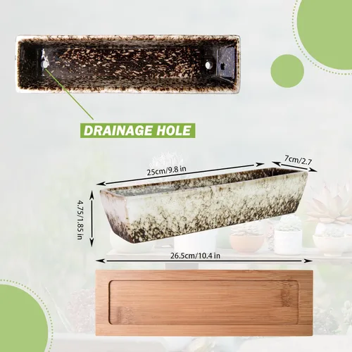 Miniatura 2 de ARTKETTY Macetas Suculentas, Macetas de Cerámica para Suculentas de 9.8 Pulgadas con Drenaje, Pequeño Bonsái con Bandeja de Bambú, Macetas Mini
