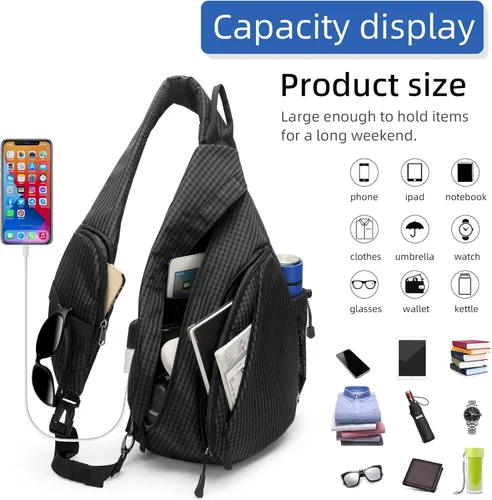Miniatura 2 de TurnWay - Bolsa bandolera impermeable, bolsa cruzada, bolsa al hombro, con puerto de carga USB para viajes, senderismo, ciclismo, campamento Negro