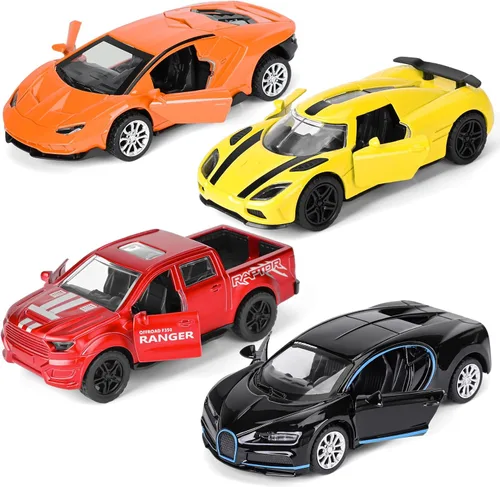 Paquete de 4 autos de juguete, 1/36 de metal fundido a presión con puertas abiertas, juego de autos de juguete para niños de 3, 4, 5, 6, 7, 8, 9,