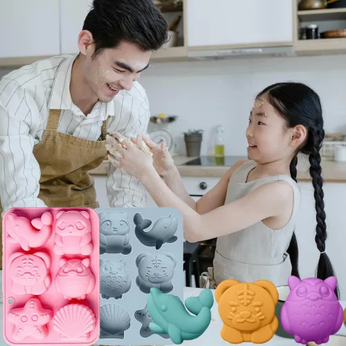 Miniatura 4 de Paquete de 2 moldes de silicona para chocolate, búho, tigre, delfín, para pasteles, gomitas, gelatina, cubitos de hielo, decoración de pasteles