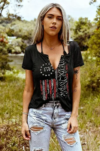 Miniatura 3 de Camiseta patriótica de la bandera estadounidense para mujer, 4 de julio, manga corta, holgada, con gráfico de la bandera de Estados Unidos, camisas
