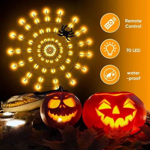 Miniatura 7 de LCHUANG Decoraciones de Halloween con luces de telaraña – 2 piezas de telaraña iluminadas, 4 pies de diámetro, 70 LED con araña negra, impermeable