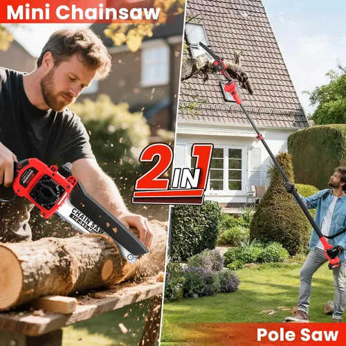 Miniatura 2 de Sierras de poste eléctricas inalámbricas 2 en 1 para poda de árboles, mini motosierra de 8 pulgadas con poste de extensión de 6.6 pies, 21 V, 4.0 Ah