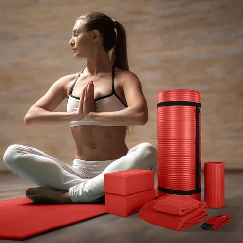 Miniatura 5 de BalanceFrom Juego de yoga de 7 piezas con esterilla extra gruesa de 71 x 24 x 1 pulgadas y correa de transporte – Incluye 2 bloques, correa de Rojo