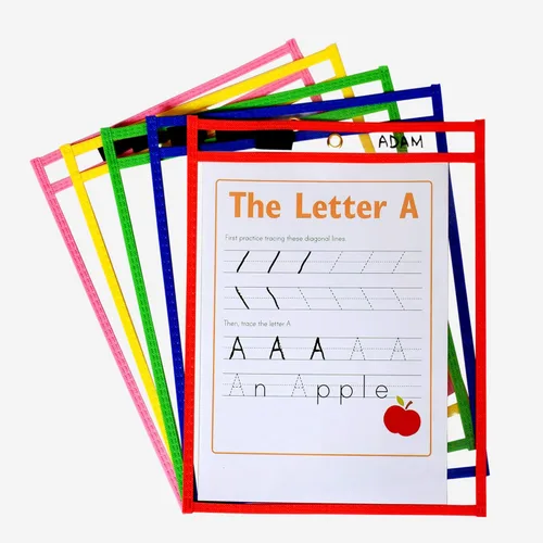 Miniatura 7 de Bolsillos de borrado en seco, paquete de 12 unidades, 10 x 13 pulgadas, reutilizables, de borrado en seco, para hojas de trabajo y escuela, fundas