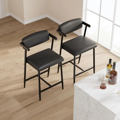 Miniatura 3 de Juego de 4 taburetes de bar de 26 pulgadas de altura de mostrador con brazos, juego de 2 taburetes de bar modernos con respaldo y asiento más ancho