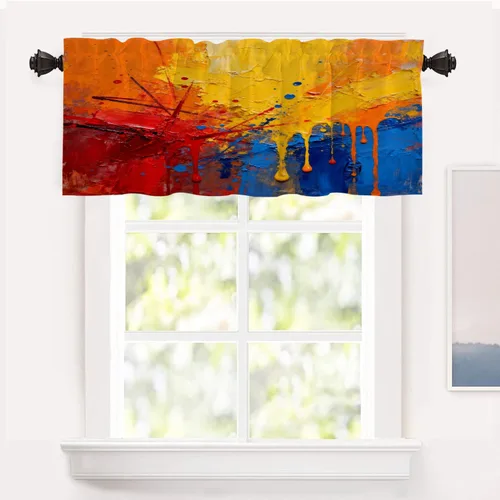 Miniatura 200 de Shrahala Beige and Orange Abstract Art Brushstrokes Blackout Curtain Tiers, Abstract Oil Paint Kitchen Valance Light Blocking Tier Drapes with Rod