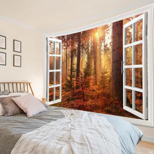 Miniatura 4 de HVEST Tapiz de bosque otoñal para colgar en la pared, hojas de arce naranja y sol, tapiz para colgar en la pared, tapiz de hojas de árbol de otoño