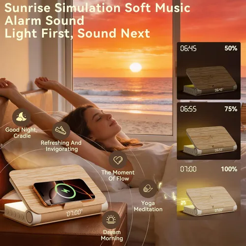 Miniatura 4 de Vivilumens Relojes Despertadores de Libro Cargador Inalámbrico Altavoz Bluetooth Lámpara de Amanecer Fuerte para Personas con Sueño Pesado Adultos