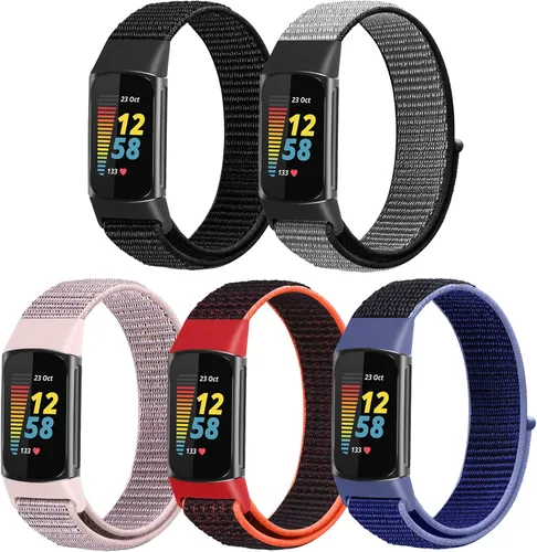 Miniatura 10 de Correas de reloj de nailon compatibles con Fitbit Charge 6/Charge 5, paquete de 5 correas de repuesto ajustables suaves y transpirables para Charge