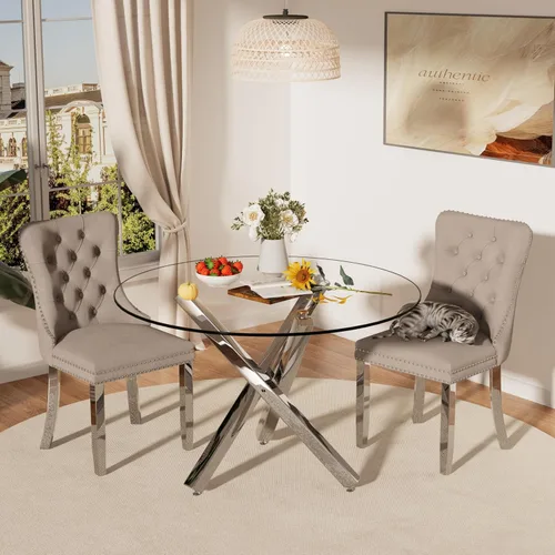 Miniatura 32 de Juego de mesa de comedor redonda de cristal moderno de mediados de siglo para 4, juego de vajilla circular de lujo plateado de 5 piezas, juego
