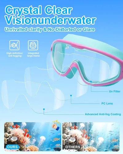 Miniatura 5 de Gafas de natación para niños de 6 a 12 años, visión amplia, antivaho, protección UV, sin fugas, gafas de natación para niños y niñas Rosado/Verde