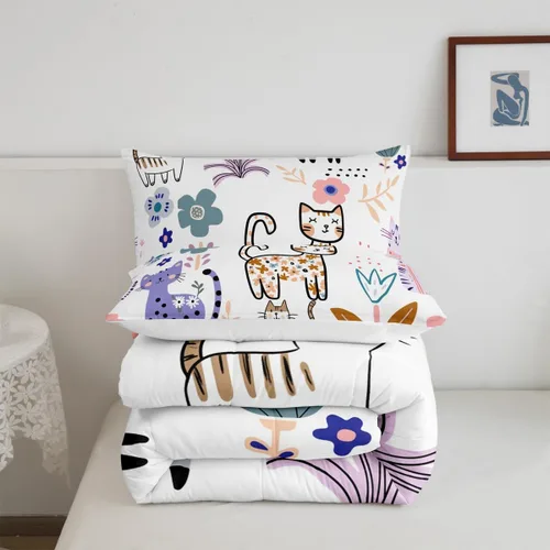 Miniatura 4 de Feelyou Juego de edredón de dibujos animados de gatos, juego de edredón de gatitos y flores, para niños, niñas, adolescentes, mascotas, gatos, juego