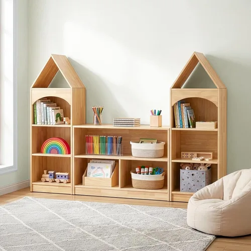 Miniatura 4 de OOOK Gabinete de Almacenamiento de Madera de Caucho de 3 Compartimentos, 35.4" L, Organizadores y Almacenamiento de Juguetes de 2 Niveles, Estante