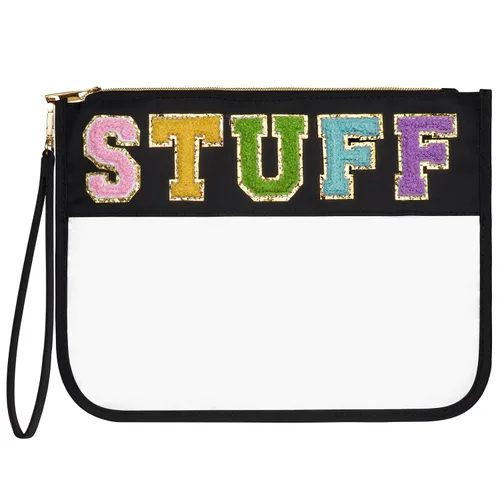 Bolsa transparente con letras de chenilla, bolsa transparente con cremallera para viajes, bolsa de cosméticos transparente de PVC, bolsa portátil