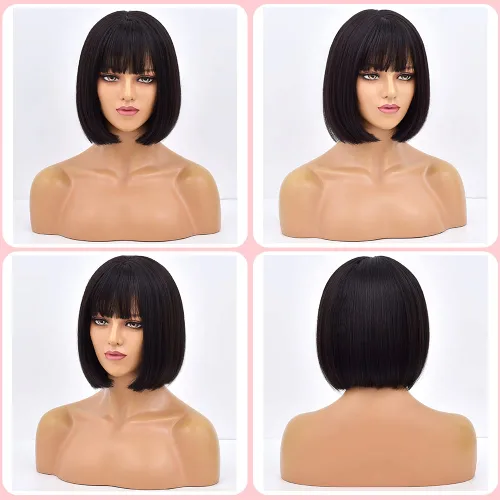 Miniatura 7 de Pelucas de pelo corto negro natural para mujeres con flequillo, 12 pulgadas, lacio, sintético, cosplay, fiesta de Halloween, peluca para niñas, uso