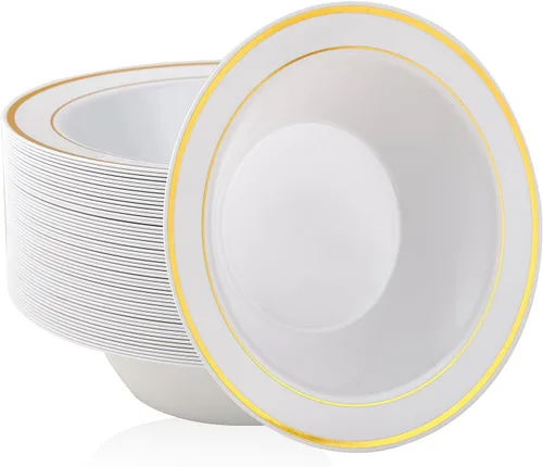 Miniatura 11 de JOLLY PARTY 50 cuencos de plástico con borde dorado, cuencos de sopa desechables de 12 onzas, cuenco de ensalada de postre prémium para Navidad