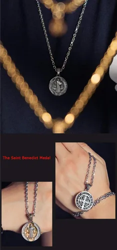 Miniatura 6 de Titanium Stainless Steel Cross Saint Benedict Medal Pendant Necklace for Men Women70cm Chain