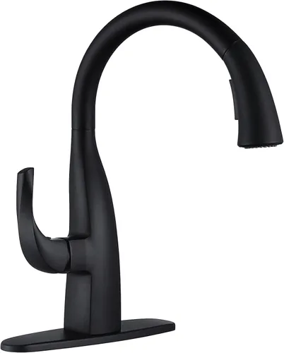 Miniatura 6 de WOWOW Grifos de cocina con dispensador de jabón, cuello de cisne de una sola manija, grifos de fregadero de cocina negros con rociador, arco alto