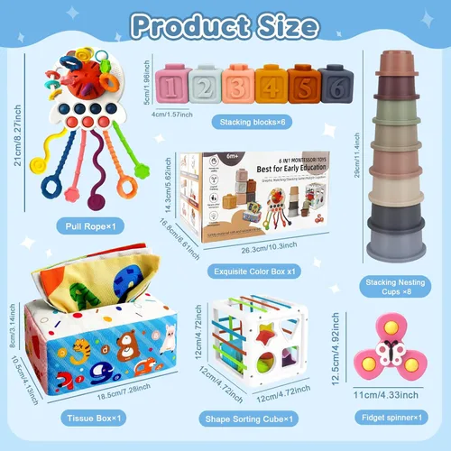 Miniatura 3 de Juguetes Montessori 6 en 1 para bebés de 6 a 12 meses — Juguete de cuerda de jalar, cubo sensorial, tazas apilables, caja de pañuelos, girador