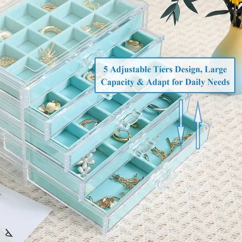 Miniatura 6 de misaya Organizador de joyas de aretes, caja de joyería de acrílico transparente con 5 cajones para mujeres, soporte de terciopelo para aretes